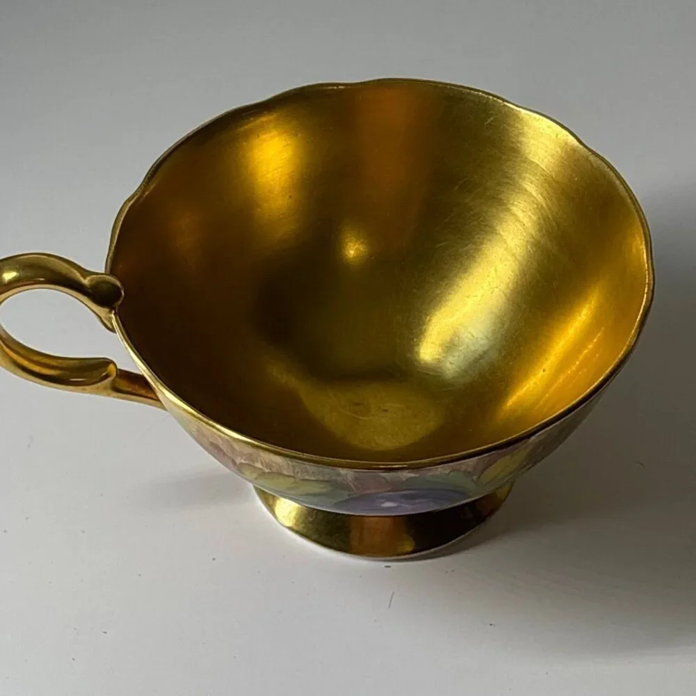 Vtg Aynsley Orchard Fruit Gold Tea Cup Saucer English Bone China England scallop